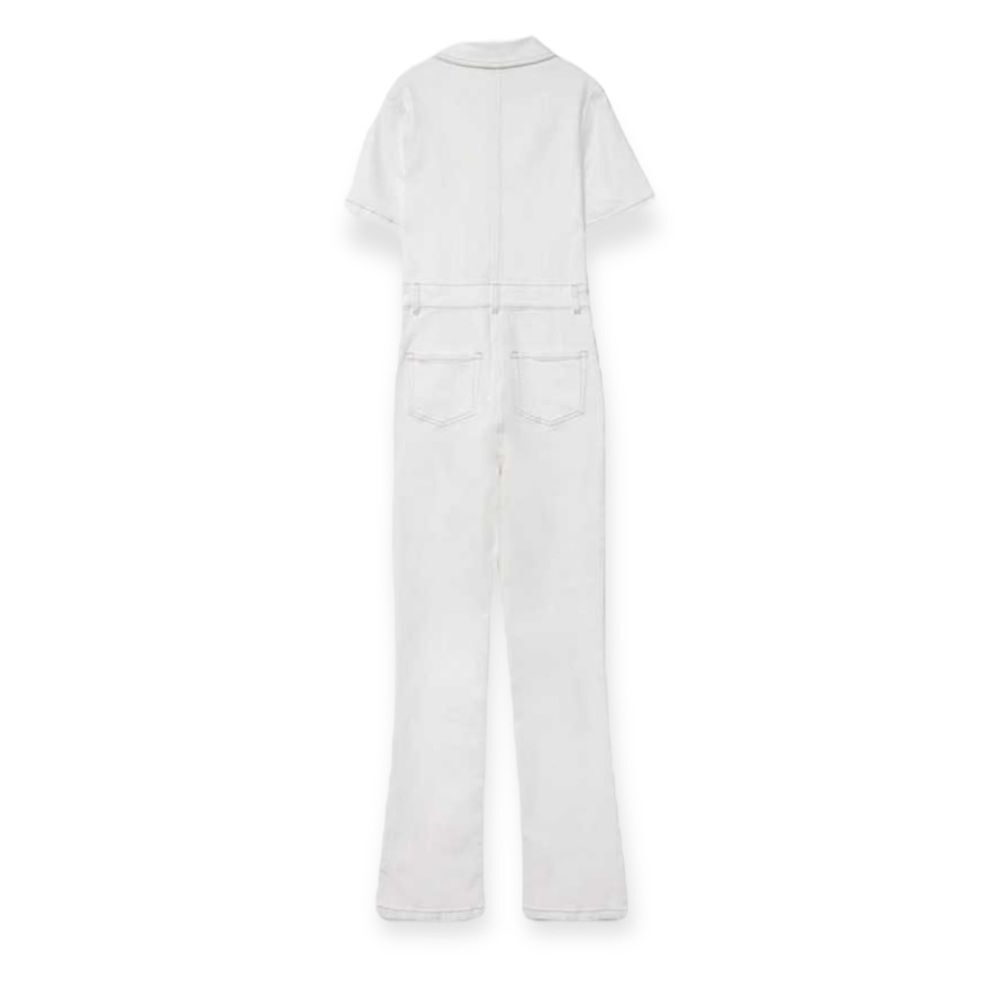 Stradivarius White Denim Utility Jumpsuit Size L NWT Zip Front Wide Leg One Piec - Picture 3 of 11